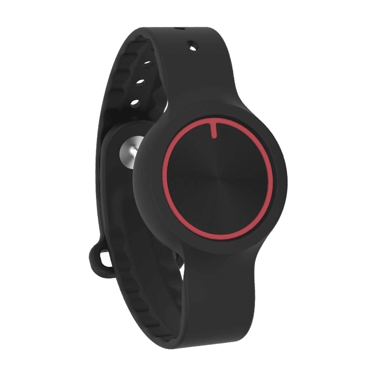 The StediGuard B10 wristband: a round black device with a red ring on its face and an adjustable strap