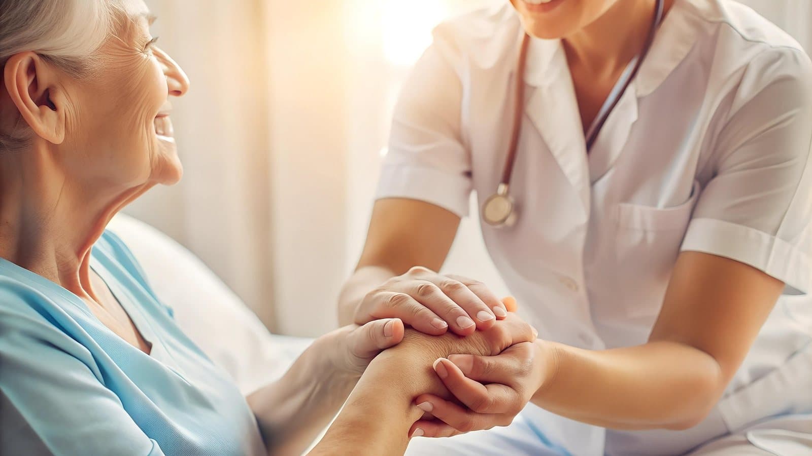 A smiling older woman holding hands with a care professional