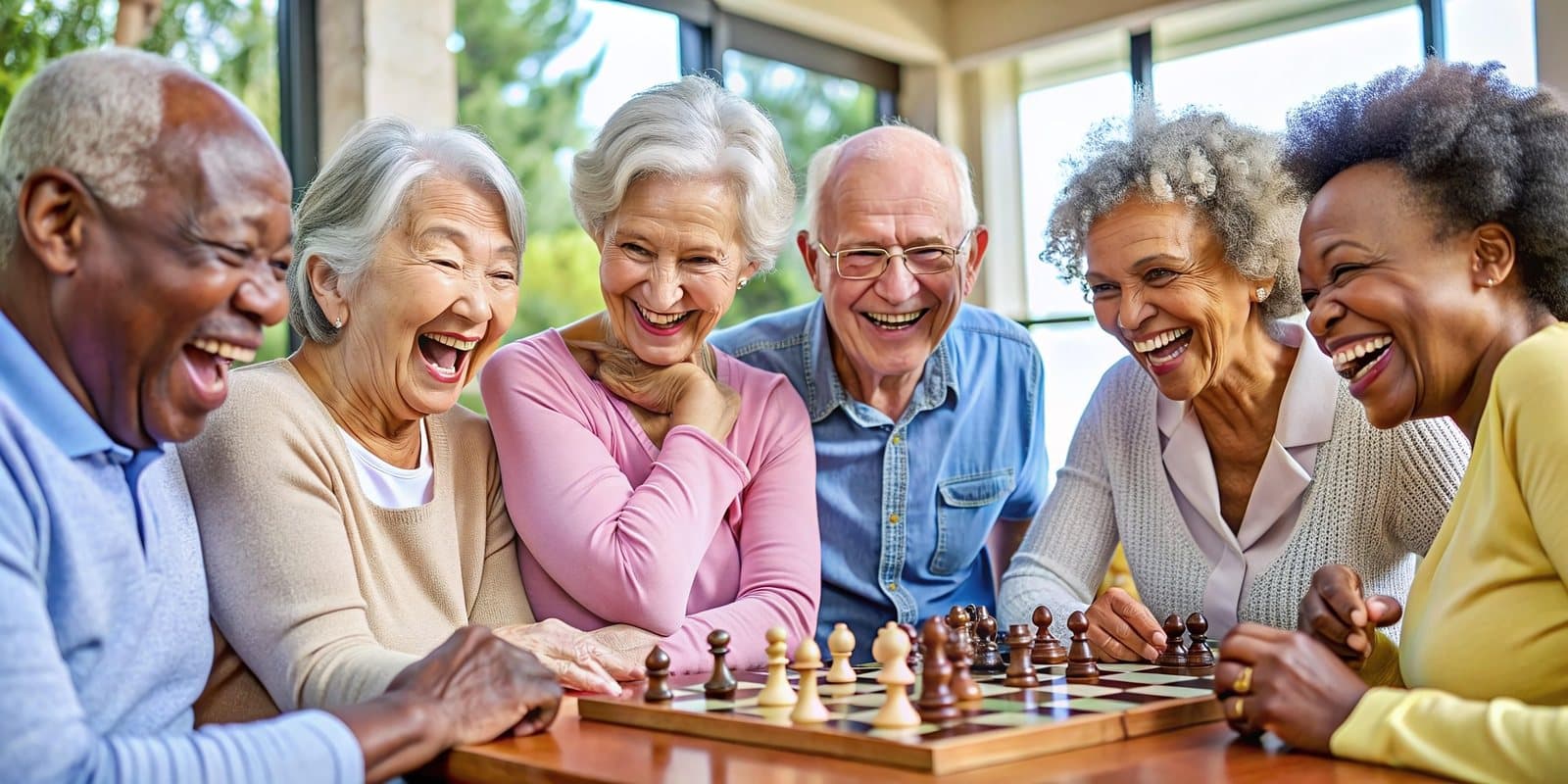 Older friends laughing together around a chess board in a bright room