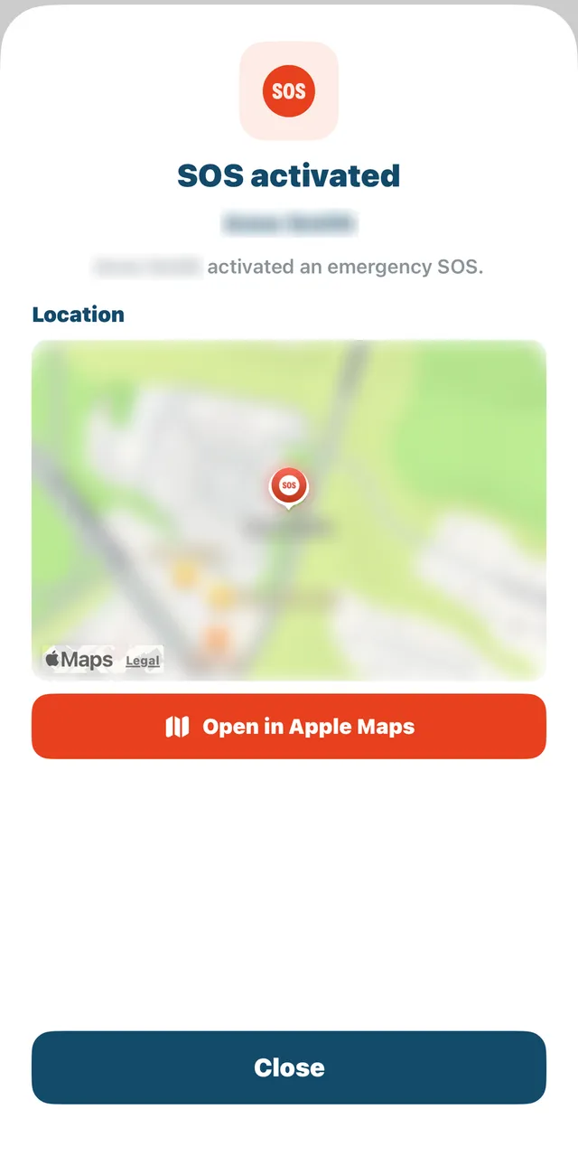 A caregiver's StediGuard screen reading SOS activated, with the location shown on a map and an Open in Apple Maps button
