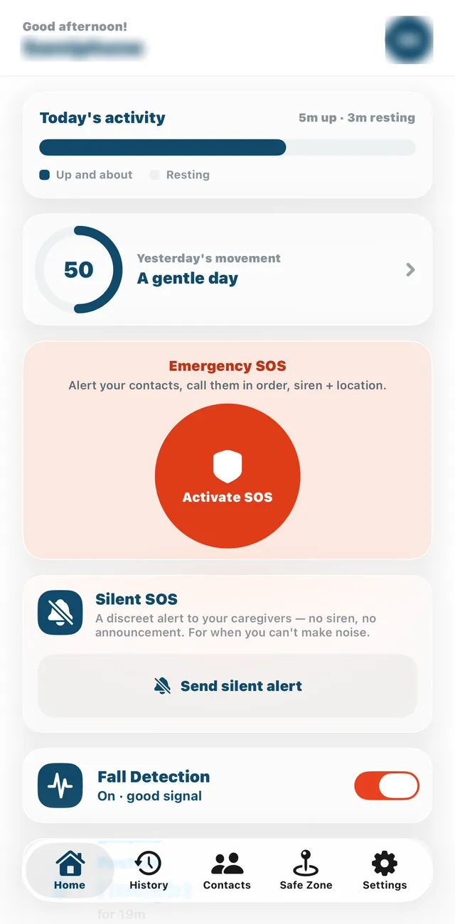 StediGuard home screen showing today's activity, an Activity Score of 50, the Activate SOS button, Silent SOS and Fall Detection switched on