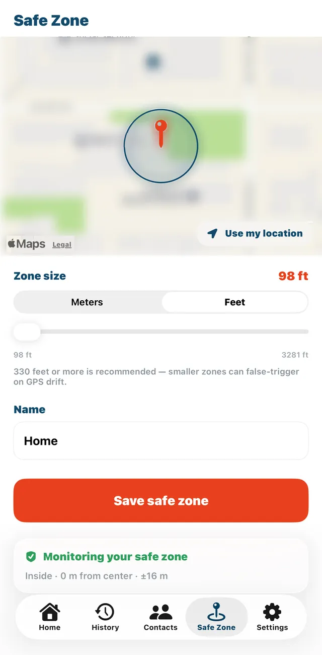 StediGuard Safe Zone screen with a zone circle on a map, a zone size slider, a Home name field and a Save safe zone button