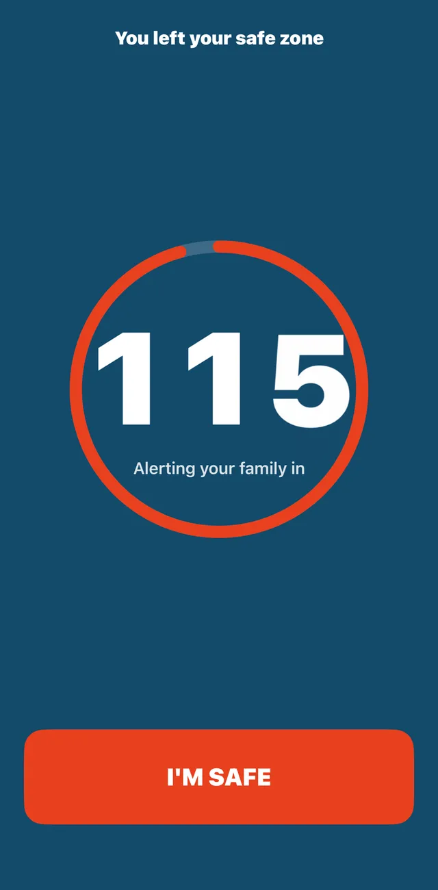 StediGuard alert reading You left your safe zone, with a countdown before alerting family and an I'm safe button
